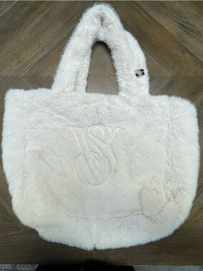 Victoria's Secret Cream Faux Fur Tote - Plush Logo Handbag